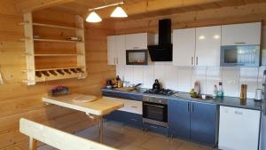 eine Küche mit weißen Schränken und einer Holzwand in der Unterkunft Dom u Mniszakow Agroturystyka in Witów