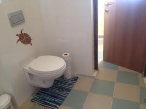 ein Bad mit einem WC und einer Schildkröte an der Wand in der Unterkunft Out of the Wilderness in Midreshet Ben Gurion