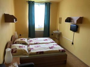 ein Schlafzimmer mit einem Bett und einem Fenster in der Unterkunft Penzion Janovice in Janovice nad Úhlavou