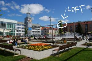 a park with benches and flowers in a city at Apartament Loft DeLuxe Koszalin in Koszalin