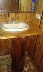 a bathroom with a wooden counter with a sink at Cabañas El Diuco en Coñaripe 2 in Coñaripe