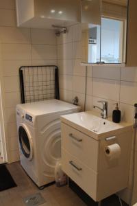 een badkamer met een wasmachine en een wastafel bij Pro Apartments 5 in Vaasa