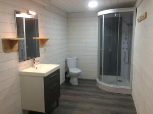 uma casa de banho com um lavatório, um chuveiro e um WC. em L'Isba em Boutx