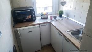 a small kitchen with a microwave and a sink at Studio Central Exer II in Bucharest