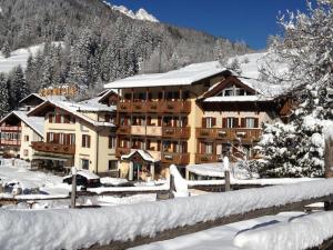 モエナにあるHotel Patrizia Dolomites Glamourの雪に覆われた木々の大きな建物