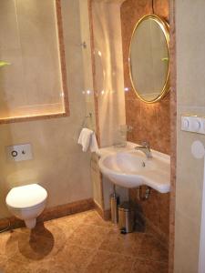 ein Badezimmer mit einem Waschbecken, einem WC und einem Spiegel in der Unterkunft Apartmán LUX Škroupova in Karlsbad