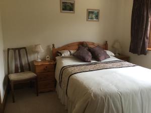 a bedroom with a bed with a chair and a dresser at Carinya in Talgarth
