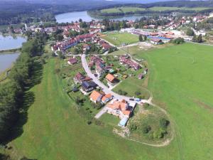 an aerial view of a village on a field next to a river at Lipno Apartmany Frymburk I. in Frymburk