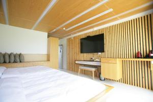 1 dormitorio con 1 cama y TV de pantalla plana en Xianel Vacation Chateau, en Dahu