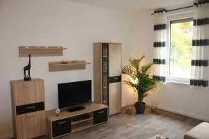 a living room with a tv on a wooden entertainment center at Fewo Lanig in Erlangen