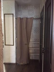 マリウポリにあるPremium Apartment near Mari Hotelの窓付きの客室で、シャワーカーテンが備わります。