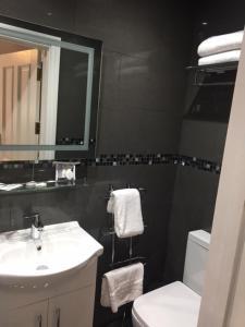 a bathroom with a sink and a toilet and a mirror at Harefield Manor Hotel in Romford