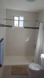 a white bathroom with a shower and a toilet at Little Live in Harmony - Santiago in Santiago de los Caballeros