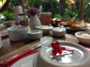 a white plate with a red flower on a table at Pousada Spa Oasis in Caraíva