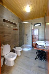 ein Badezimmer mit 2 WCs, einer Dusche und einem Waschbecken in der Unterkunft Quinta do Fragoso in Alto do Sul