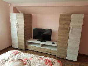 a bedroom with a tv and wooden cabinets at Amma in Braşov