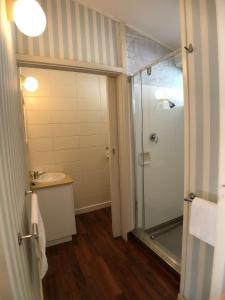 a bathroom with a glass shower and a sink at Tui Lodge Motel in Christchurch