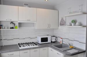 カリーニングラードにあるАпартаменты на нижнем озереの白いキャビネット、シンク、電子レンジ付きのキッチンが備わります。