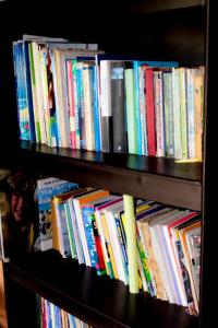 une étagère remplie de livres dans l'établissement J hostel kandy, à Kandy