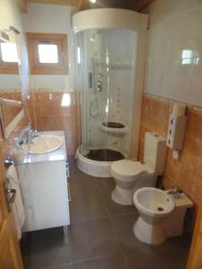 uma casa de banho com um chuveiro, um WC e um lavatório. em Motel San Isidro em Villarrubio