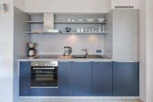 cocina azul con fregadero y fogones en Abnoba Mons Design Apartment Lenzkirch, en Lenzkirch