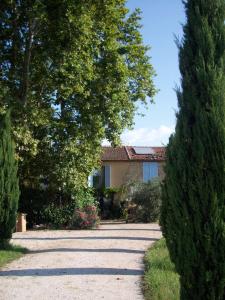 una casa se ve entre dos grandes árboles en Mas du Puits d'Amour, en Orange