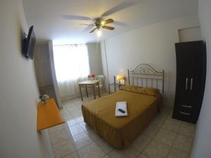 a bedroom with a bed and a ceiling fan at Hospedaje el Telar in Nazca