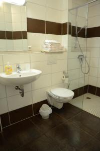a bathroom with a toilet and a sink and a shower at Ferienresidenz Am Strom in Warnemünde +18 photos
