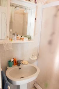 ein Bad mit einem Waschbecken, einem Spiegel und einer Dusche in der Unterkunft Lagomare Puccini in Torre del Lago Puccini