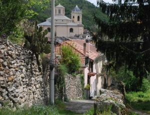 Pieve di TecoにあるAppartamento 26の教会と石壁のある小さな村