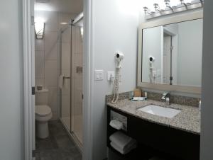 a bathroom with a sink and a toilet and a mirror at El Lobo Motel in Cold Lake