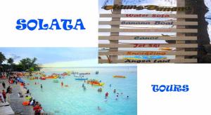 a collage of photos of a beach with people in the water at Harapan Solata Homestay Syariah in Kepulauan Seribu