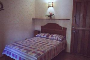 Dormitorio pequeño con cama con manta a rayas en Hostal Hansi, en Bocas Town