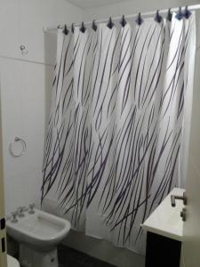 y baño con cortina de ducha y lavamanos. en Monoambiente Libertad 345 en Puerto Madryn