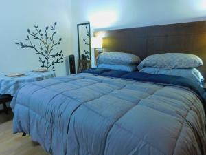 1 dormitorio con 1 cama grande y edredón azul en Modern Studio Loft Apt King Bed 10 min frm airport, en La Asunción