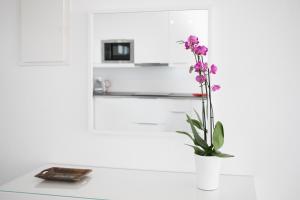 a vase with a purple flower on a table at Apartamentos Gama in Cala Galdana