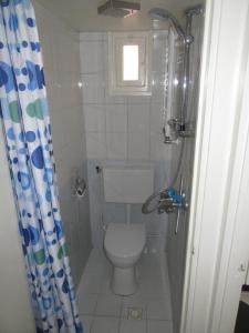 a small bathroom with a toilet and a shower at Holiday Home Emmastraat in Katwijk