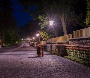 a cobblestone street at night with street lights at Mátraverebély-Szentkút Nemzeti Kegyhely in Mátraverebély
