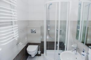 a bathroom with a shower and a toilet and a sink at Hotel Merry Land in Horodenka