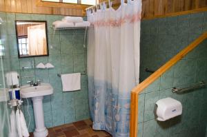 a bathroom with a shower curtain and a sink at Sueños del Bosque Lodge in San Gerardo de Dota +210 photos