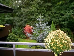 a garden with a white fence and flowers at Waldpension Bielefeld in Bielefeld