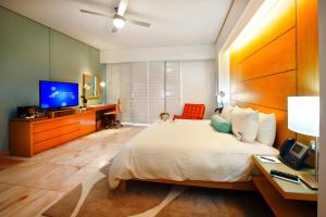 a hotel room with a bed, television and a desk at Palacio Mundo Imperial Riviera Diamante Acapulco in Acapulco