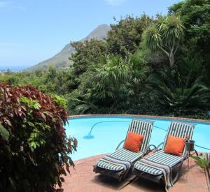 two chairs with orange pillows sitting next to a swimming pool at Brynbrook House in Noordhoek