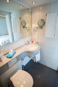 een badkamer met een wastafel, een toilet en een spiegel bij Hotel Restaurant Neuhaus in Hertenstein