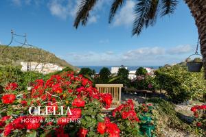 un cartel que lee Clilla hotel posada de playa con flores rojas en Clelia Case Vista Mare, en Ustica