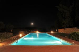 a large blue swimming pool at night at Fattoria Lornano Winery in Monteriggioni