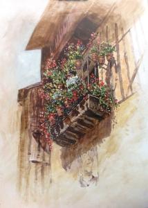 una pintura de un balcón con macetas. en Apartamentos La Zurdina, en Mogarraz
