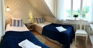 Habitación pequeña con 2 camas y ventana en 27ans Nattlogi, en Vadstena