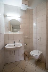 a bathroom with a sink and a toilet and a mirror at Zur Triftsperre in Passau