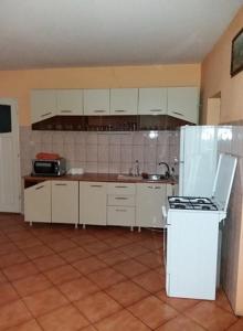 a kitchen with white cabinets and a white refrigerator at Casa Floare de Colt in Cârțișoara